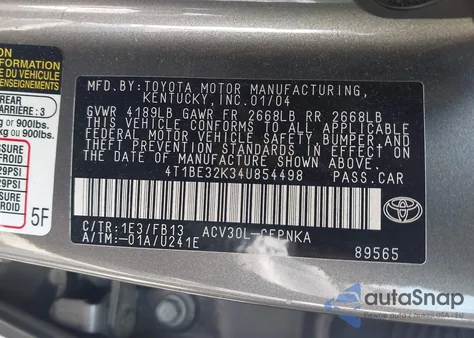 2004 Toyota Camry Le z USA, uszkodzony, nr VIN 4T1BE32K34U854498